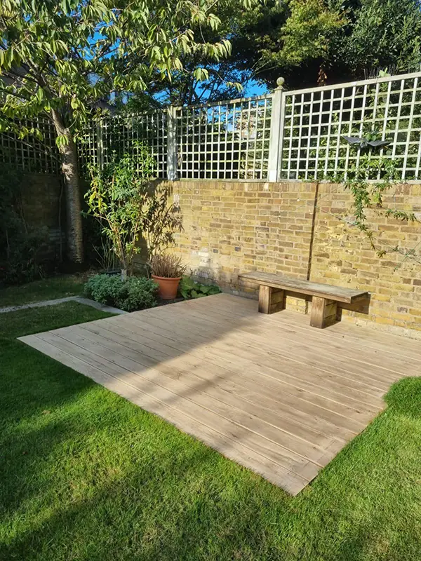 Small decking area installed in a London garden